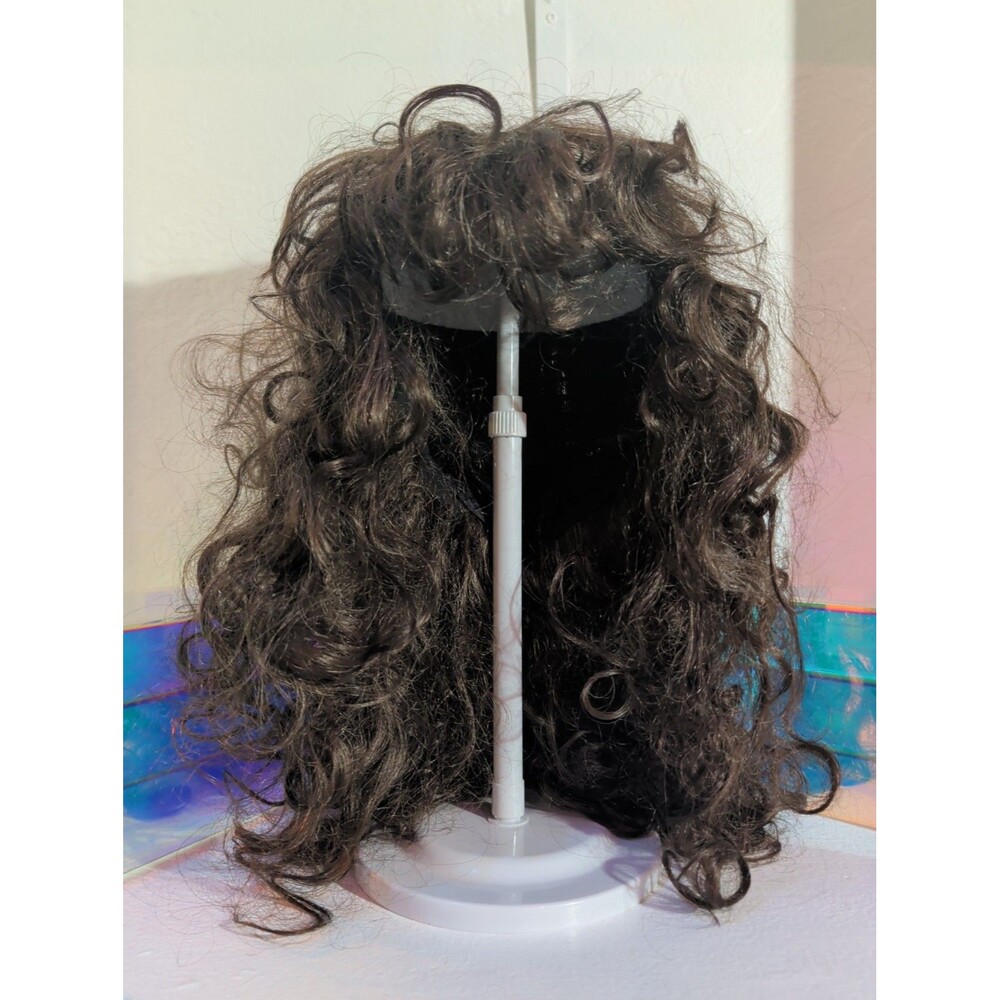 22” 100% Human Hair Wig Dark Brown Curly Full Bangs Long Layered Pre-Owned
